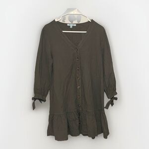 She + Sky Army Green Button Peasant Cottagecore Balloon Sleeve Dress, SMALL